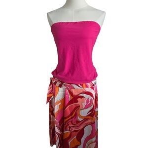 Vibrant Pink Strapless Dress with Multicolor Skirt